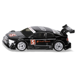 Siku black Audi RS 5 racing car diecast model with number 5, Audi Sport branding and rear spoiler on white background