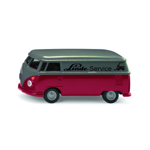 Siku VW T1 Transporter die-cast toy van in red and silver with Linde Service branding, side profile view on white background