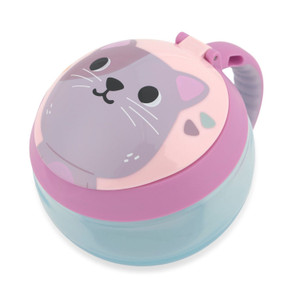 Skip Hop purple cat snack cup with pink lid and blue base, featuring cute whiskers and ears for toddlers