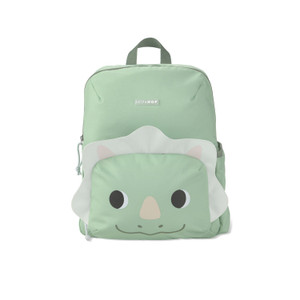 Skip Hop mint green dinosaur backpack for kids with cute character face design and grey handles on white background