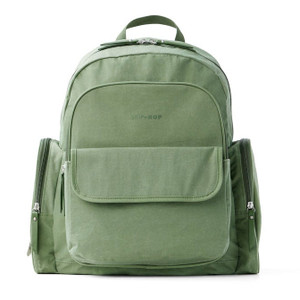 Skip Hop Luna sage green nappy backpack with multiple pockets and compartments on white background