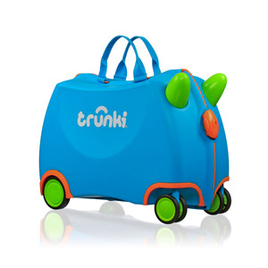 Trunki Terrance blue ride-on suitcase for kids with green wheels, orange trim and horn detail on white background