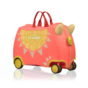 Trunki Dylan the Dragon coral pink ride-on suitcase with yellow wheels, horns and decorative spikes for children