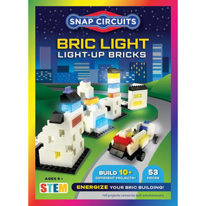 Snap Circuits Bric Light kit box showing illuminated building brick creations including buildings and vehicles, 53 pieces