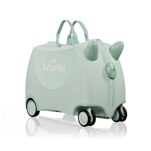 Trunki ride-on suitcase in mint green with ears, horns, wheels and carry handles on white background