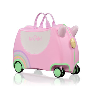 Trunki Una pink unicorn ride-on suitcase for kids with rainbow design, wheels and handles on white background
