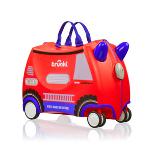Trunki red and blue fire truck ride-on suitcase for kids with wheels, handles and Frank the Firetruck design