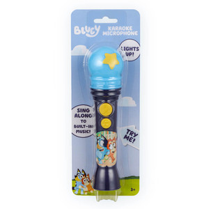 Bluey Karaoke Microphone - blue microphone with star dome, yellow buttons and Bluey character graphics | Peekaboobaby