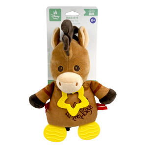 Toy Story Bullseye Sensory Blankie with Teether Feet - Disney Baby packaging card showing tan Bullseye with dark mane, yellow star badge, brown jacket, red-striped sleeves and yellow textured feet | Peekaboobaby