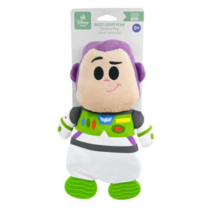 Toy Story Buzz Lightyear Sensory Blankie with Teether Feet - Disney Baby packaging showing Buzz with cream face, purple hair, green space suit with blue and yellow chest details and green textured teether feet | Peekaboobaby