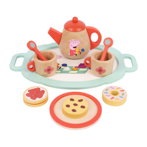 Peppa Pig Wooden Tea Set - mint green scalloped tray with wooden teapot with red lid, two cups with pink flower details and red handles, red spoons and Peppa Pig character illustrations | Peekaboobaby