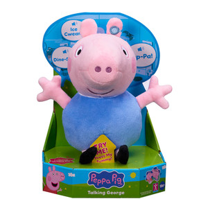 Talking George Soft Toy - George Pig plush with pink head, blue body, pink arms and legs in blue and green retail box with Talking George branding and press tummy indicator | Peekaboobaby
