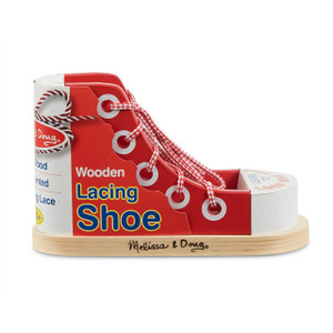 Melissa & Doug red wooden lacing shoe toy with white sole and red-white striped laces on natural wood base