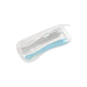 Beaba 1st stage silicone spoons in light mist and windy blue, inside open case