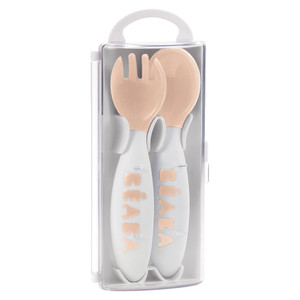 Beaba 2nd stage training fork and spoon in nude, closed clamshell packaging