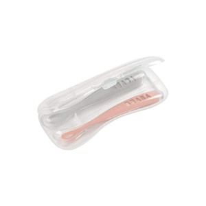 Beaba 1st stage spoon and case 2-pack in light mist and old pink, closed case