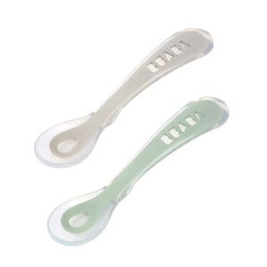 Beaba 2nd stage soft silicone spoons in velvet grey and sage green, flat lay
