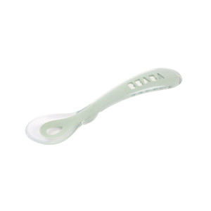 Beaba 2nd stage silicone spoon in misty green, angled with white tip