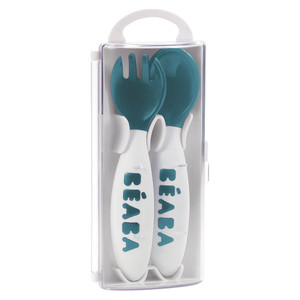 Beaba 2nd stage training fork and spoon in blue, closed clamshell packaging