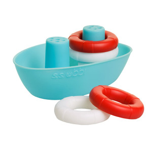 Ubbi Boat and Buoy bath toy, turquoise hull with red and white buoys