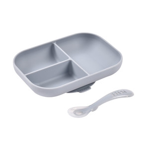 Beaba Silicone Suction Divided Plate & Spoon - Pebble - product photo 1 (PENDING ALT TEXT REVIEW)