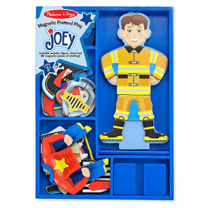 Melissa & Doug Joey magnetic dress-up set with wooden boy figure in firefighter outfit and clothing pieces in blue box