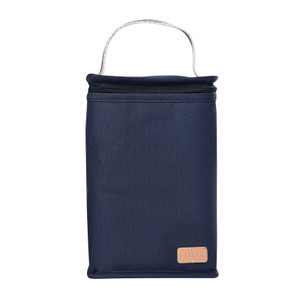 Beaba isothermal meal pouch in navy blue with tan leather logo patch and transparent carry handle on white background