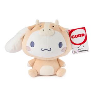 Cinnamoroll Rodeo Bull small plush toy, cloud-white puppy character wearing a cow costume hood