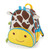 Skip Hop giraffe-shaped children's backpack in brown and cream spots with yellow smiling face, blue trim, small horns and protruding ears on white background.