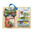 Melissa & Doug wooden lock and latch board with colourful illustrations of car, house, mailbox and magic hat with latches