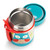 Skip Hop insulated food jar with stainless steel interior, turquoise lid, and owl character design, shown open with red silicone handles visible on white background.