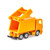 SIKU orange-yellow refuse truck rear three-quarter view with tailgate open revealing orange compactor interior and hinge mechanism