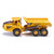 SIKU Volvo A40D articulated hauler in yellow 1:87 scale, showing six-wheel drive, articulated joint and Volvo dump body