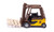 SIKU UPS forklift die-cast right side view, brown frame with yellow body panel and UPS branding, lowered forks with pallet