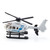 Siku silver police helicopter toy with blue Polizei markings, black skids and rotating rotor blades on white background