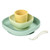 BEABA silicone suction meal set in mint green, lime yellow and white with plate, bowl, cup and spoon on white background