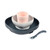 BEABA 4-piece silicone suction meal set in night blue, grey bowl, pink cup and matching spoon on white background