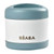 Beaba stainless steel insulated food container with eucalyptus blue lid and white body showing brand logo