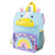 Skip Hop Zoo unicorn backpack for kids in light blue with yellow polka dot snout, pink ears, purple horn and rainbow pocket