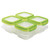 OXO Tot baby food storage containers with green lids and clear bases, arranged in a 2x2 configuration on white background