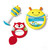 Skip Hop baby musical instrument toy set with yellow bee rattle, red fox tambourine and blue striped shaker on white