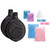Pearhead gender reveal balloon kit with black balloons, blue and pink powder packets, glitter, cone and ribbons on white
