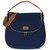 Skip Hop Curve Satchel nappy bag in navy blue with brown leather straps and gold hardware on white background