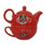 Red ceramic Disney Mickey Mouse Club tea for one set with teapot stacked on matching cup, featuring vintage Mickey graphics