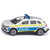 Siku diecast German police SUV toy with silver body, blue and yellow Polizei livery, and roof-mounted light bar