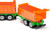 SIKU 1:87 scale die-cast truck with dumper body and tipping trailer - back view showing green cab with orange tipping beds and hazard stripes