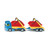 SIKU blue skip truck with yellow hydraulic arms carrying red skips - side view with matching trailer