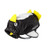 Trunki Paddlepak black and yellow penguin-shaped water resistant backpack with white face and fin details shown at an angle