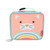 Skip Hop Zoo insulated lunch bag in coral pink with cat face design, aqua trim and rainbow detail on white background