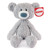 Gund Toothpick grey teddy bear with textured wavy fur, blue corduroy nose and red brand tag on white background